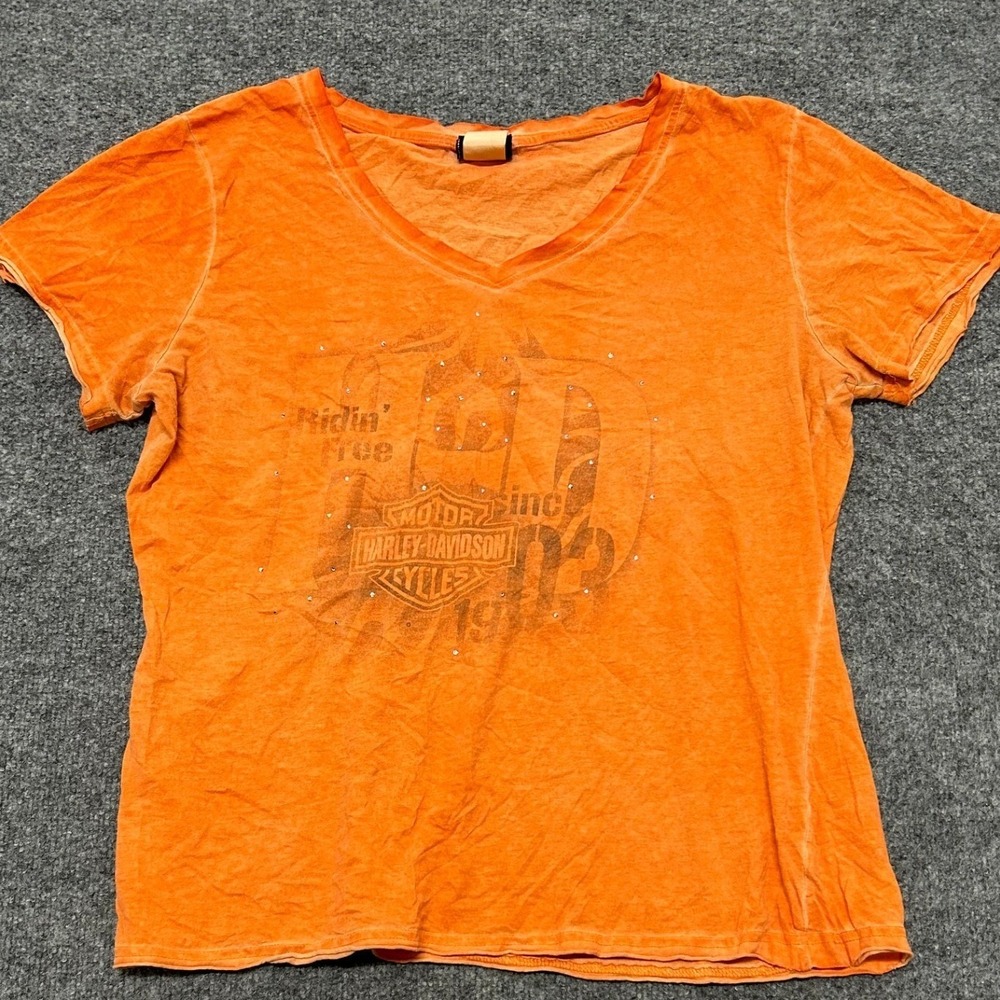 Harley-Davidson Shirt Womens Size 2XL Orange Graphic V-Neck Cotton Biker Faded
